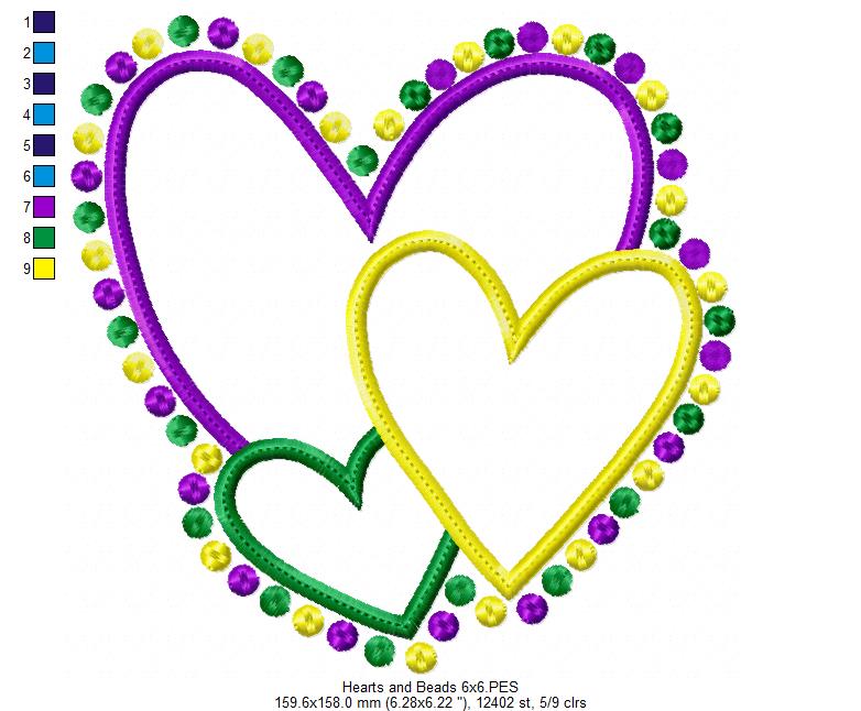 Mardi Gras Hearts and Beads - Applique - Machine Embroidery Design