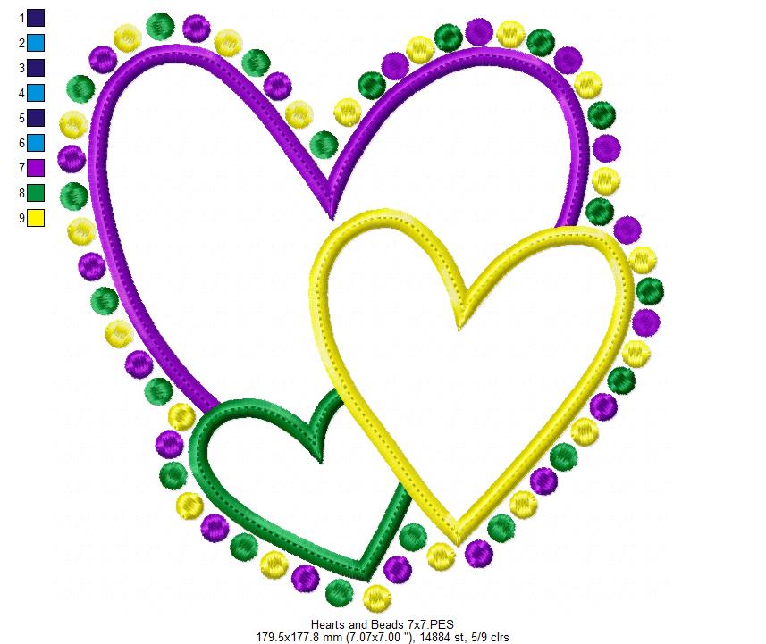 Mardi Gras Hearts and Beads - Applique - Machine Embroidery Design