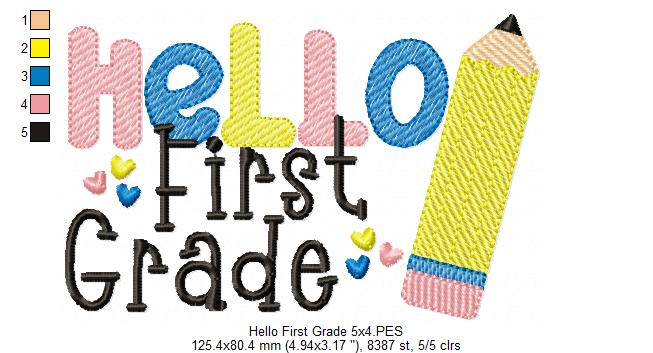 Hello First Grade Pencil - Rippled Stitch