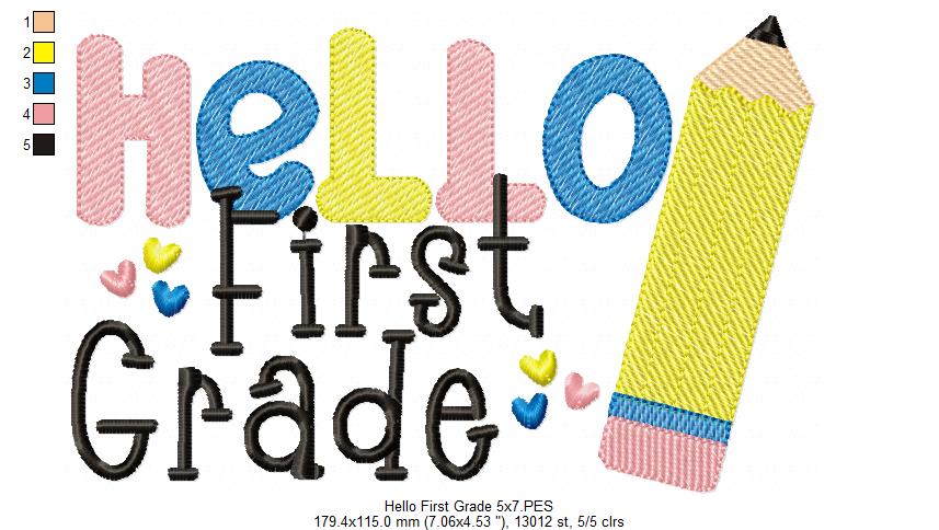 Hello First Grade Pencil - Rippled Stitch