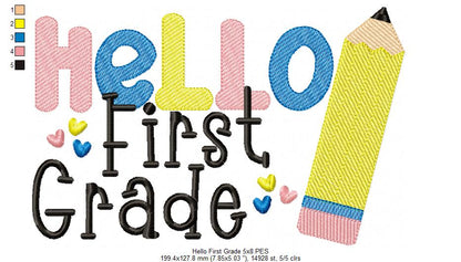 Hello First Grade Pencil - Rippled Stitch