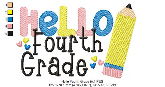 Hello Fourth Grade Pencil - Rippled Stitch