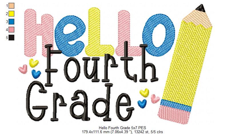 Hello Fourth Grade Pencil - Rippled Stitch