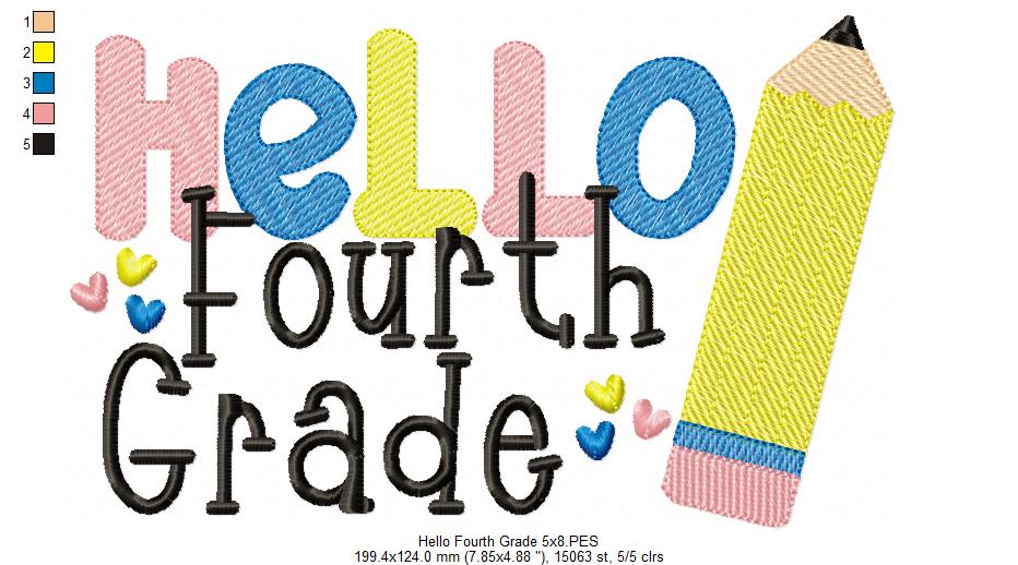 Hello Fourth Grade Pencil - Rippled Stitch