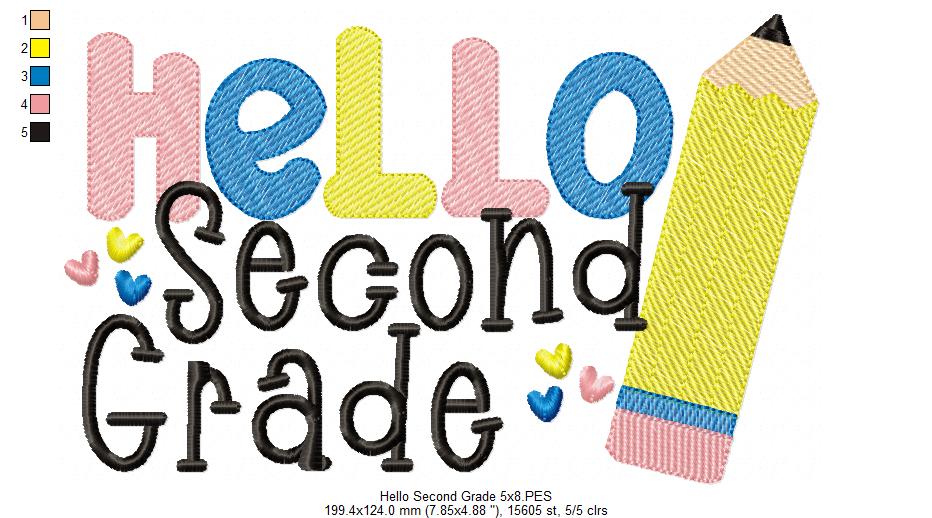 Hello Second Grade Pencil - Rippled Stitch
