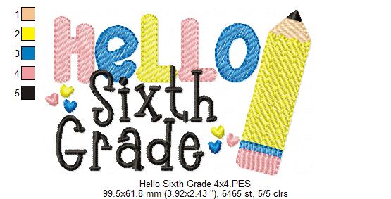 Hello Sixth Grade Pencil - Rippled Stitch