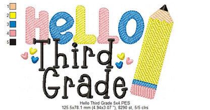 Hello Third Grade Pencil - Rippled Stitch