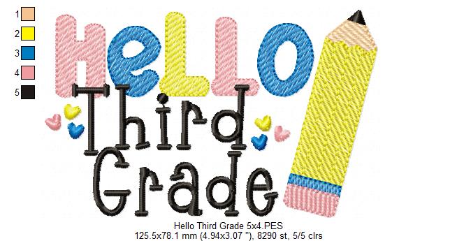 Hello Third Grade Pencil - Rippled Stitch