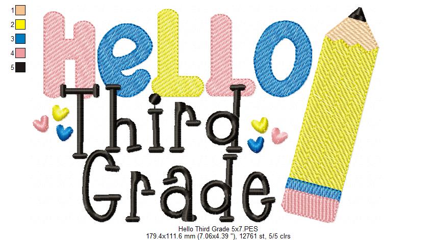 Hello Third Grade Pencil - Rippled Stitch