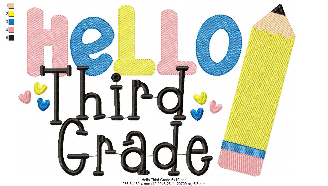Hello Third Grade Pencil - Rippled Stitch