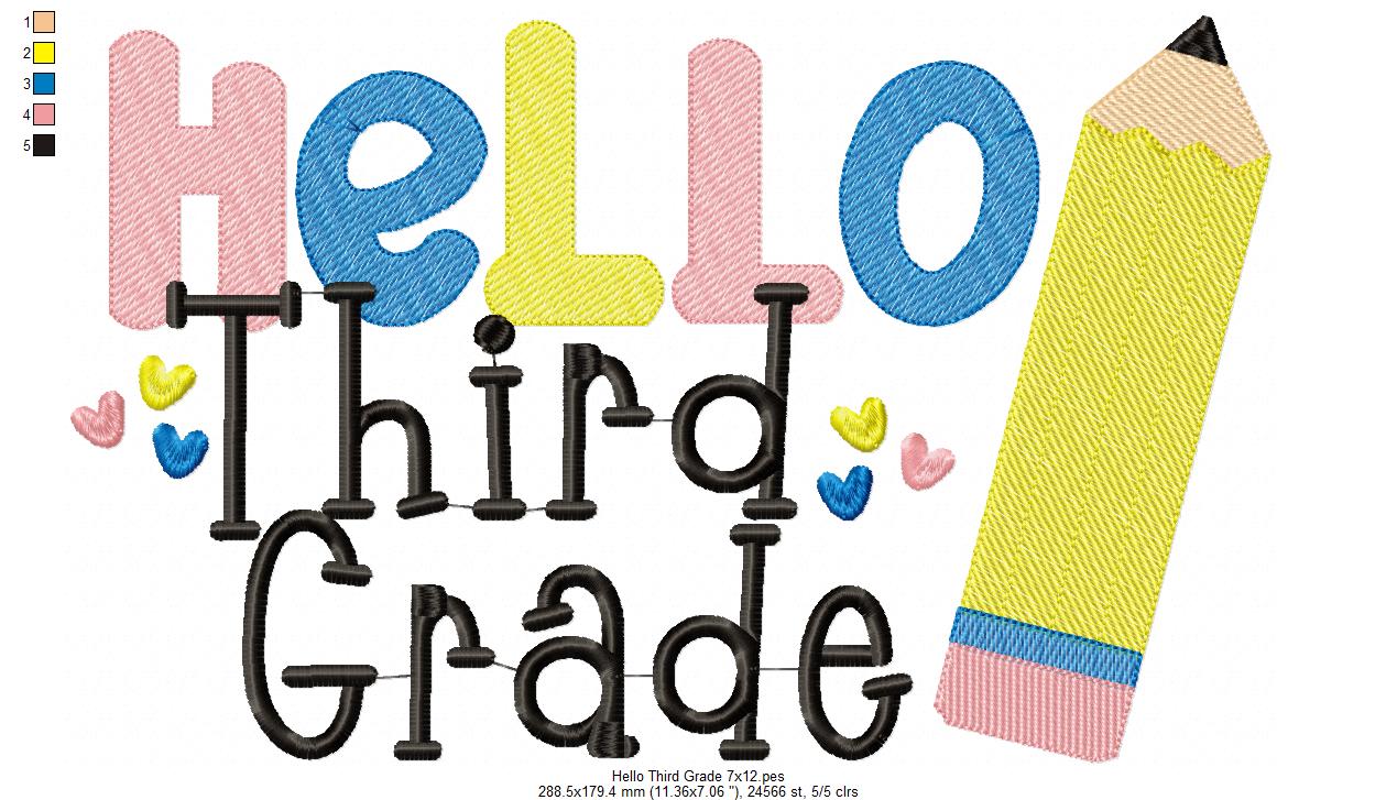 Hello Third Grade Pencil - Rippled Stitch