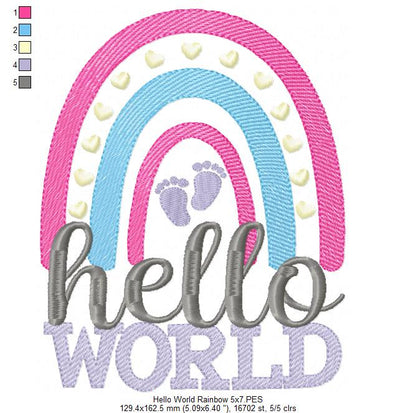 Hello World Rainbow - Rippled Stitch - Machine Embroidery Design