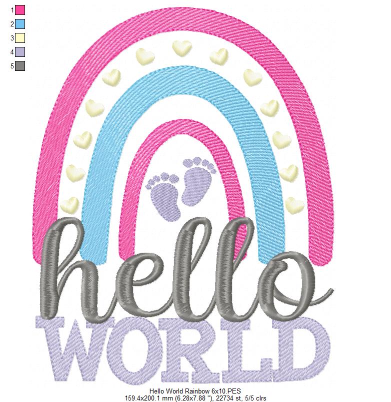 Hello World Rainbow - Rippled Stitch - Machine Embroidery Design