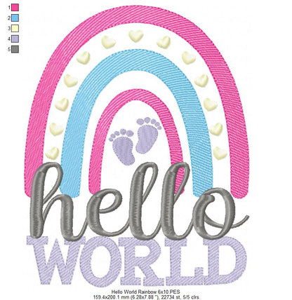 Hello World Rainbow - Rippled Stitch - Machine Embroidery Design