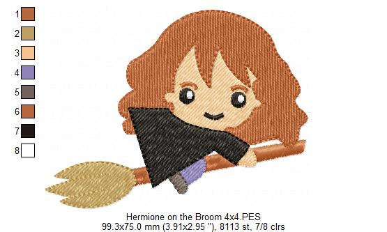 Three Wizard Kids on the Broom - Set of 3 designs - Fill Stitch Machine Embroidery Design