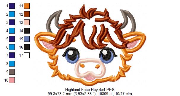 Highland Cow Boy Face - Applique - Machine Embroidery Design