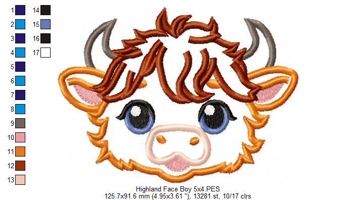 Highland Cow Boy Face - Applique - Machine Embroidery Design