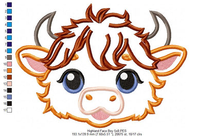 Highland Cow Boy Face - Applique - Machine Embroidery Design