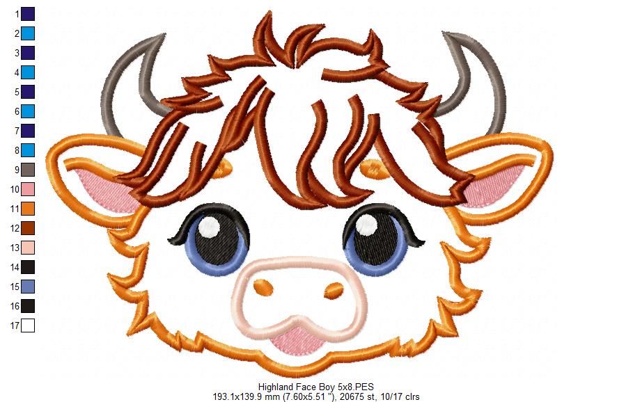 Highland Cow Boy Face - Applique - Machine Embroidery Design