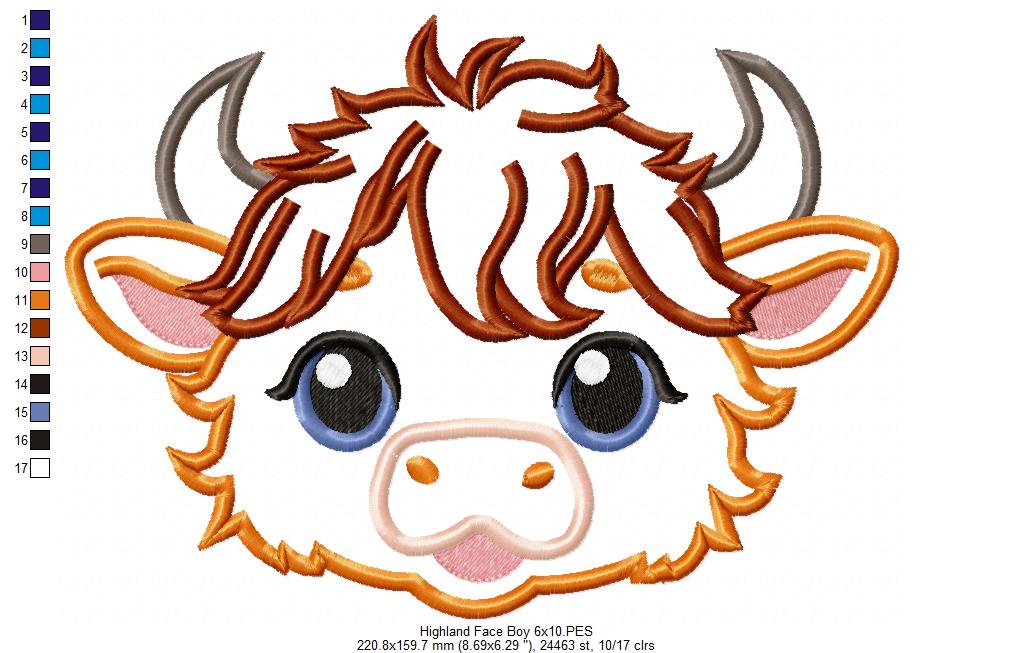 Highland Cow Boy Face - Applique - Machine Embroidery Design