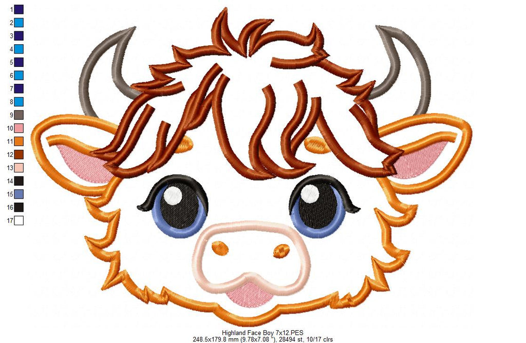 Highland Cow Boy Face - Applique - Machine Embroidery Design