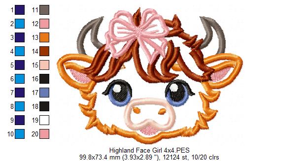 Highland Cow Girl Face - Applique - Machine Embroidery Design