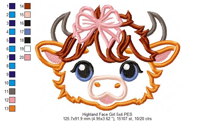 Highland Cow Girl Face - Applique - Machine Embroidery Design