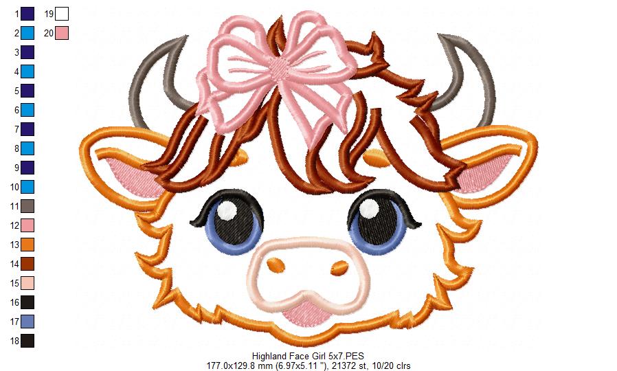 Highland Cow Girl Face - Applique - Machine Embroidery Design