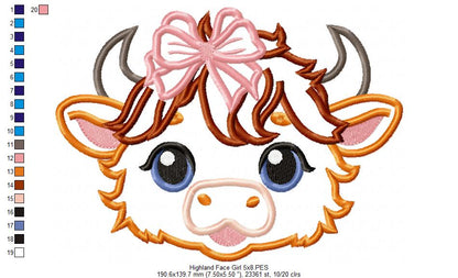 Highland Cow Girl Face - Applique - Machine Embroidery Design