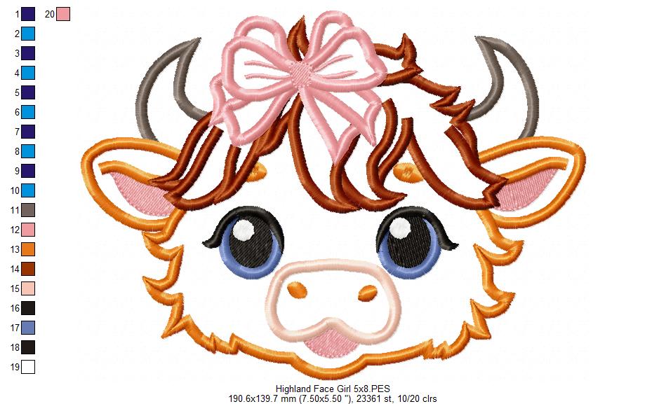 Highland Cow Girl Face - Applique - Machine Embroidery Design