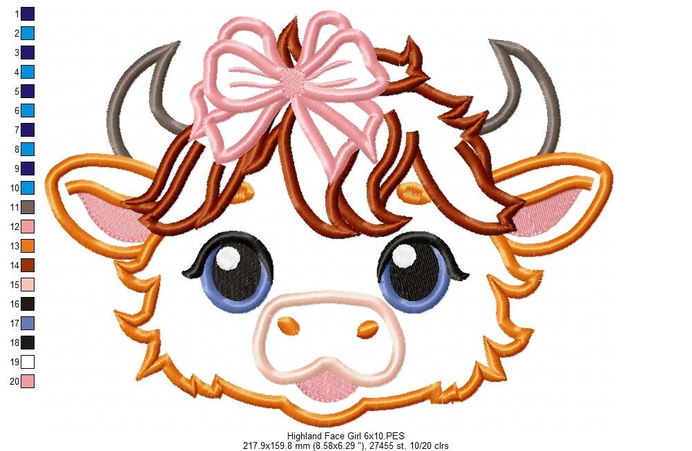 Highland Cow Girl Face - Applique - Machine Embroidery Design