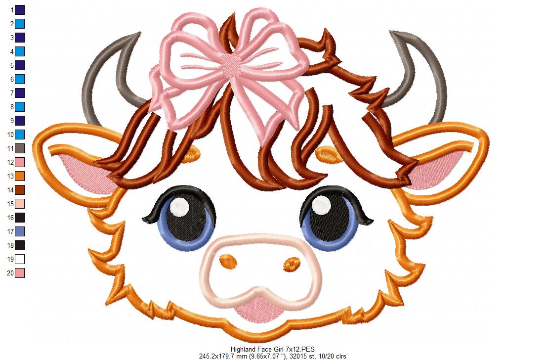 Highland Cow Girl Face - Applique - Machine Embroidery Design