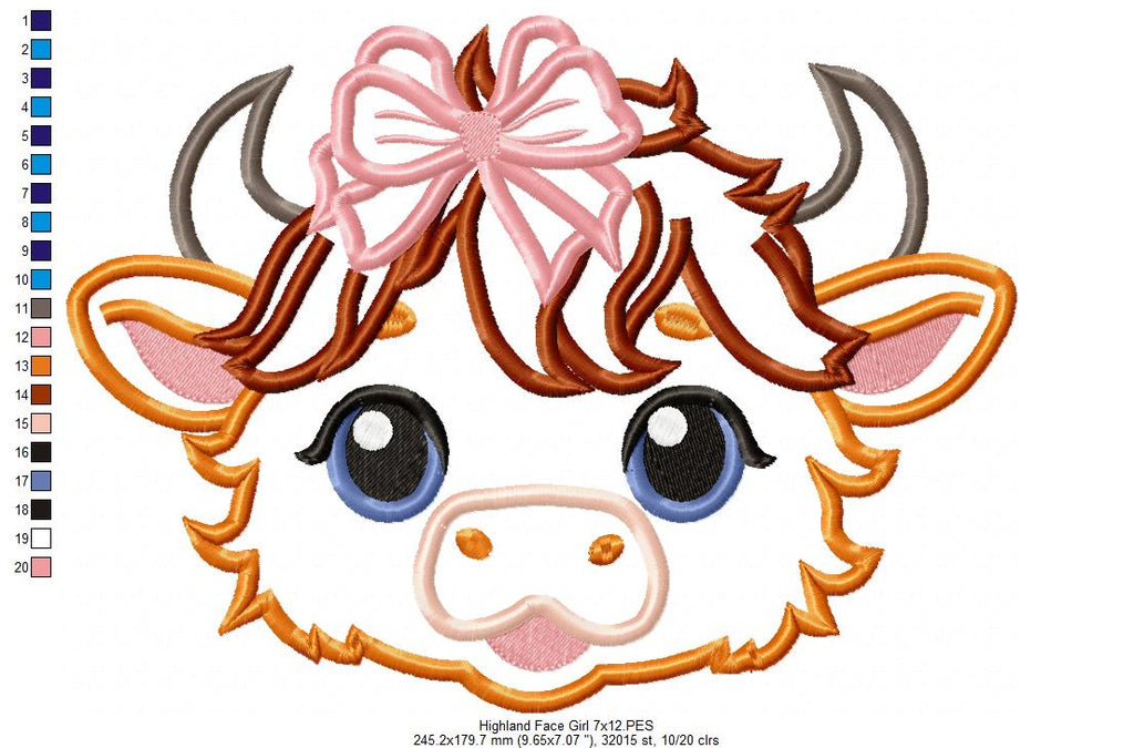 Highland Cow Girl Face - Applique - Machine Embroidery Design