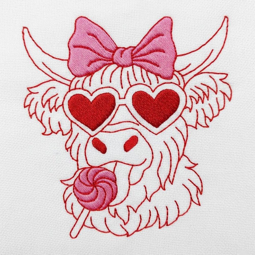Love Hightland Cow - Redwork - Machine Embroidery Design