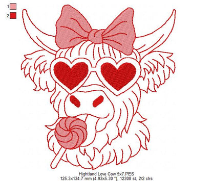 Love Hightland Cow - Redwork - Machine Embroidery Design