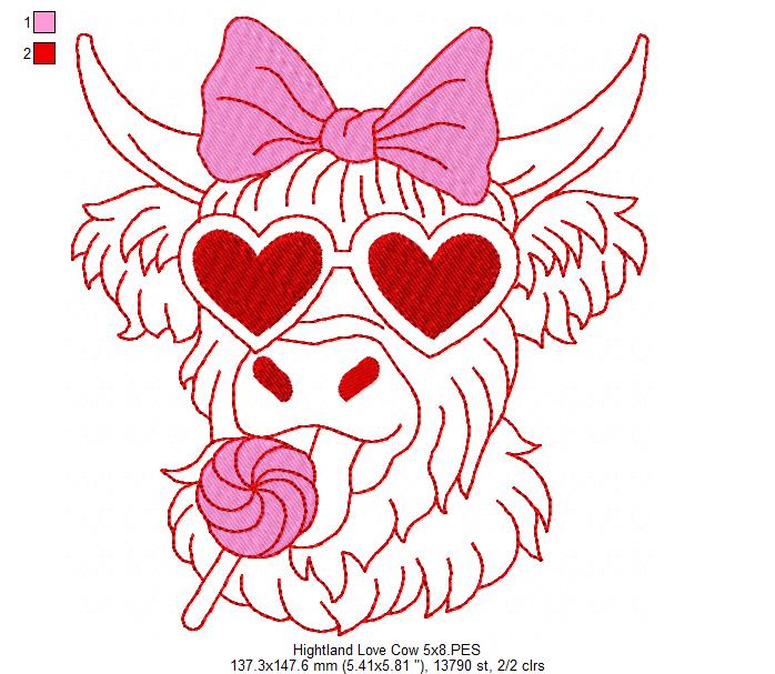 Love Hightland Cow - Redwork - Machine Embroidery Design