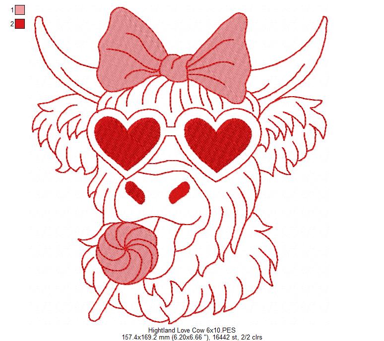 Love Hightland Cow - Redwork - Machine Embroidery Design