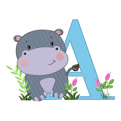 Hippo Monogram A Letter A - Fill Stitch Embroidery