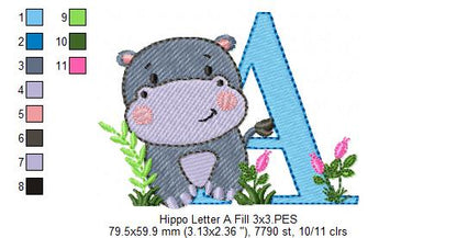 Hippo Monogram A Letter A - Fill Stitch Embroidery