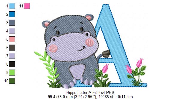 Hippo Monogram A Letter A - Fill Stitch Embroidery