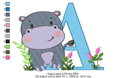 Hippo Monogram A Letter A - Fill Stitch Embroidery