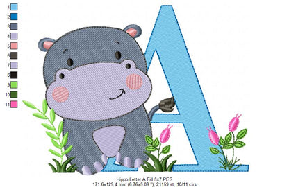 Hippo Monogram A Letter A - Fill Stitch Embroidery