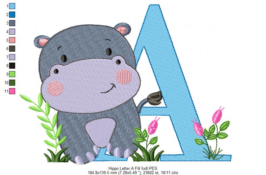 Hippo Monogram A Letter A - Fill Stitch Embroidery