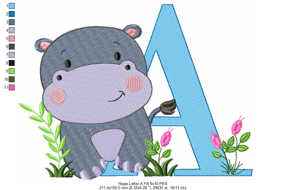 Hippo Monogram A Letter A - Fill Stitch Embroidery
