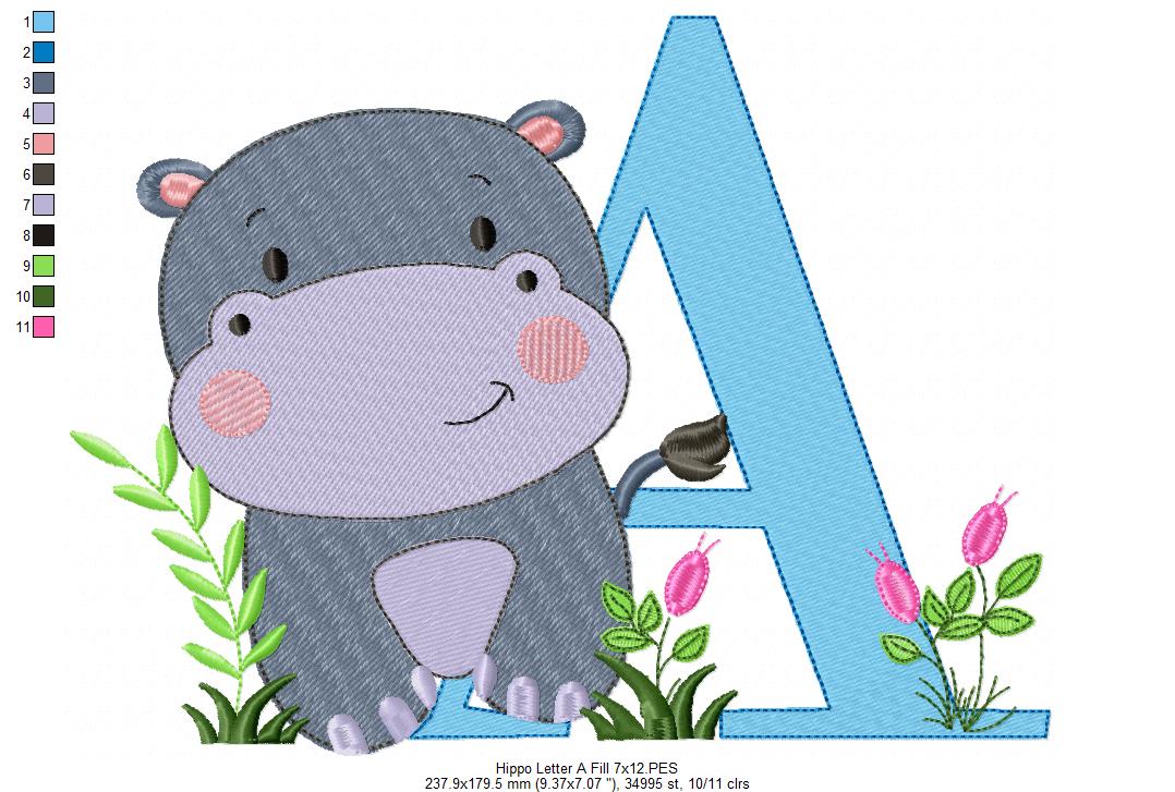 Hippo Monogram A Letter A - Fill Stitch Embroidery