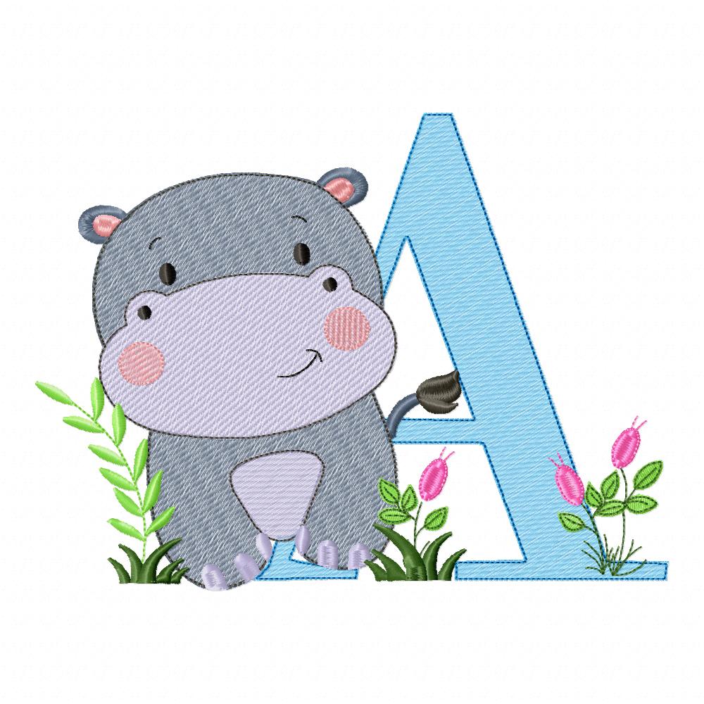Hippo Monogram A Letter A - Rippled Stitch Embroidery