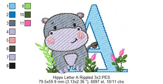 Hippo Monogram A Letter A - Rippled Stitch Embroidery