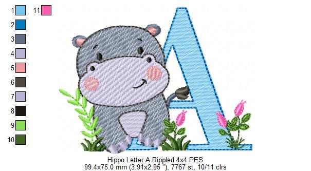 Hippo Monogram A Letter A - Rippled Stitch Embroidery