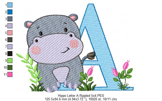 Hippo Monogram A Letter A - Rippled Stitch Embroidery