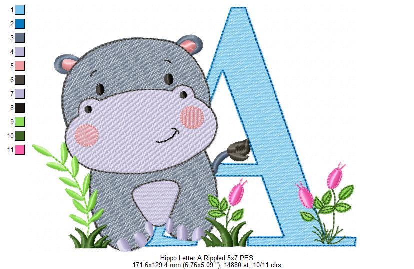 Hippo Monogram A Letter A - Rippled Stitch Embroidery
